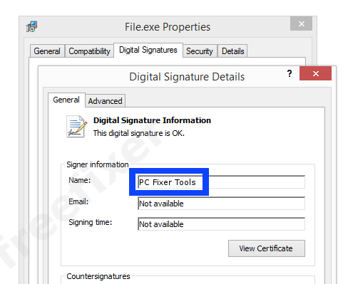 Screenshot of the PC Fixer Tools certificate